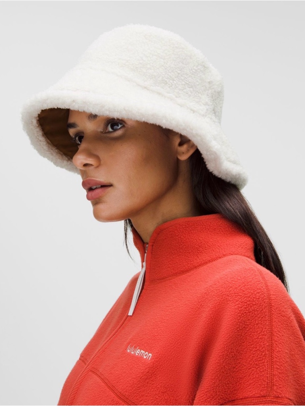 LULULEMON Boucle Fleece Reversible Bucket Hat NWT Chestnut Brown/Light Ivory S/M - Picture 5 of 16